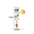 Gold titanium flat back ear stud with colorful crystals and purple teardrop pendant - 5-Stone Rectangular with Water Drop (T2513-8#) / Gold