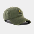 Detail of army green washed cotton baseball cap with Sunshine embroidery and distressed edge - Adjustable / Army Green