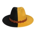 Two-tone black and yellow felt jazz hat with a brown woven leather band accessory - Black Yellow Patchwork With Belt