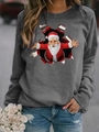 Detail of 3D Santa Claus print on gray long sleeve sweatshirt with creative hole effect - S / Tops / Gray