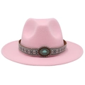 Détail du chapeau fedora rose à larges bords avec broderie ethnique et turquoise - M (56-58cm) / Rose