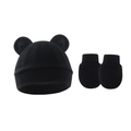 Close-up of black cotton knit newborn hat with bear ears and matching anti-scratch mittens - Hat And Gloves / Black