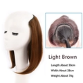 Detail view of U-shaped light brown hair extension with measurements and secure clip design - Tan
