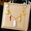Gold stainless steel chain necklace with colorful fish, heart, and pearl charms - Chili Flower Fish Heart Style (N3544)