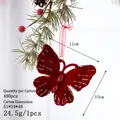 Red velvet butterfly Christmas ornament with silver glitter and faceted red gemstones - Wine Red Flocking Butterfly