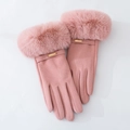 Pink winter thermal gloves with faux rabbit fur cuffs and delicate gold metal accent - One Size / Pink