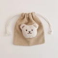 Corduroy drawstring storage bag in beige featuring a 3D plush teddy bear patch - Apricot (Beige Bear)