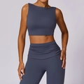 High impact misty blue yoga set with crop tank top and ruched high waist leggings - Dark Blue