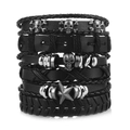 Men's multi-layer black leather bracelet set with skull, star charms and silver beads - Skull/Stars/Metal Beads / Black