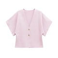 Detail of pink knit cardigan showing deep V-neck, golden buttons and ribbed texture - S / Lotus Pink