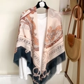 Orange and navy blue equestrian print cotton linen scarf for women large square wrap - 130*130cm / Orange Beige Navy Horse (MZF-123)