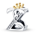 Silver bead charm in letter Z shape with golden crown and sparkling crystals - Letter Z