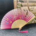 Pink gradient bamboo folding fan with cherry blossom pattern and pink tassel pendant - Butterfly Flower Dance - Pink