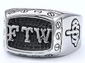 Macro view of vintage stainless steel biker ring featuring FTW engraving and relief - US Size 8 / Punk Retro Style (04408)
