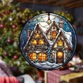 Detail of Christmas acrylic disc featuring a snowy cabin in stained glass art style - 15x15cm / Quiet Forest Snow House