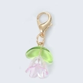 Pink iridescent flower keychain with emerald green leaf and golden lobster clasp - Purple Double Leaf-Iridiscent Flower