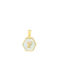 F-letter pendant necklace with hexagonal gold frame and white mother of pearl inlay - Letter F