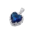 Detailed view of silver heart pendant with faceted deep blue gemstone and vintage beaded edge - Platinum Blue Zirconia