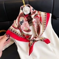 Elegant silk scarf with red cashew flower print tied on a white dress for commuting - New Silk Scarf Small Square Scarf Size 42 / 65