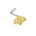 Piercing de nez doré en forme de feuille avec zircons et barre en L argentée élégante - Feuille à Triple Pierre Or (24051004-3)