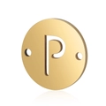 Detailed macro of golden stainless steel round pendant with hollow letter P and dual holes - Letter P