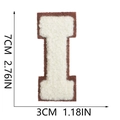 Detailed view of white chenille letter I patch with dimensions 7cm by 3cm on white background - Letter I