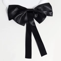 Elegant black satin bow hair clip with long ribbons for a minimalist hairstyle - Black With Large White Bow