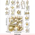 16-piece gold Christmas tree ornament set with assorted shapes in a clear storage box - Gold