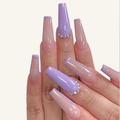 Long coffin lilac press-on nails with french tips and sparkling rhinestone accents - Purple French Rhinestone Style (JP0354-02)