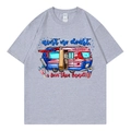 Grey cotton T-shirt with vintage American trailer print and patriotic slogans - Gray