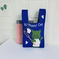 Blue knitted tote bag with green cartoon cat jacquard and dual handles for daily use - Butterfly Cat In Sapphire Blue