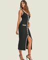 Slim fit black knitted bodycon dress with white trim and side slit detail - Knitted Slit Dress / Black / S