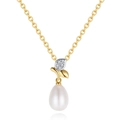 Minimalist 925 silver golden necklace with leaf zircon and a white teardrop pearl - Teardrop Pearl Leaf Zirconia Necklace (Gold)