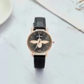 Luxury ladies quartz watch featuring a gold bee motif, black leather strap, and rose gold case - Black Strap Black Dial
