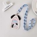 Detail of cute PU leather cartoon dog card holder with printed blue lanyard - White Corgi