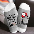 Grijze kerstsokken met grappig wijnglas en HO HO HOLY SHIT print voor kerstmis - Eén maat / Kerstmuts Grijs Wit
