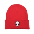 Detail of red knitted beanie featuring white alien skull embroidery on ribbed cuff - One Size / Red with White Label