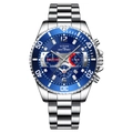 Mens silver stainless steel chronograph watch with blue dial and date function - Silver Blue Steel Band