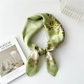 Light green silk scarf with floral pattern and smooth texture for hair or neck - 70cm / Green Edge White Frame Flower