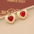 Fashionable gold-plated heart stud earrings with red crystal and rippled edges - Red