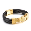 Bracciale da uomo in pelle nera intrecciata con chiusura magnetica in acciaio dorato lucido - Stile B Scala Meccanica (KB134585)
