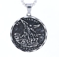 Colgante redondo San Miguel de acero inoxidable plata vintage con cadena de perlas - Placa Redonda Vintage (A0204) / Color Acero (Pendant Only (Without Chain))