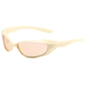Creamy white Y2K sports sunglasses with tinted orange lenses in a 45-degree side view - Beige Frame Champagne Tea