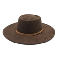Classic dark brown wide brim fedora hat with suede finish and leather band detail - M (56-59cm) / Brown Faux Suede