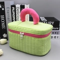 Quilted cosmetic bag in green with pink handle and large capacity storage design - Large / Green