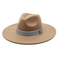 Detail of camel wool felt fedora featuring a stylish black and white striped hat band - M (56-58cm) / Deep Purple Grey