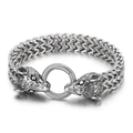 Vintage silver mens wolf head titanium steel bracelet with a braided double layer chain - Double Wolf Head Vintage Style (KB144599-KJX)