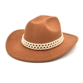 Cappello da cowboy in lana marrone a tesa larga con fascia decorativa di perle - M (56-58cm) / Cachi