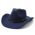 Classic navy blue wool fedora hat with black leather band and silver metal rings decoration - M (56-58cm) / Navy Blue
