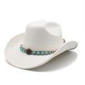 Close-up of white suede cowboy hat with turquoise beads and sun-engraved metal buckle - M (56-58cm) / Off White